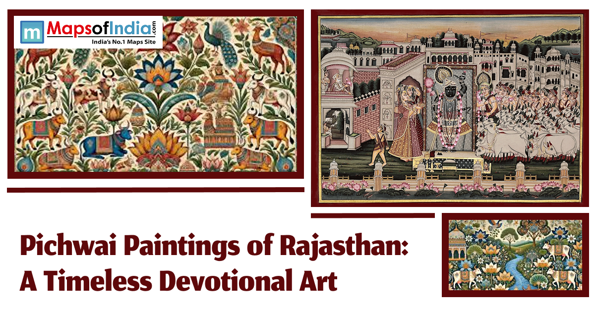 A collage of vibrant Pichwai paintings from Rajasthan depicting intricate floral patterns, sacred cows, and traditional devotional scenes centered around Lord Krishna in a historical architectural setting.