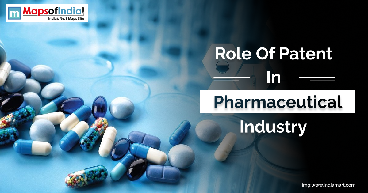 Image of capsules and tablets on a surface with text highlighting Role of Patent in Pharmaceuticals.