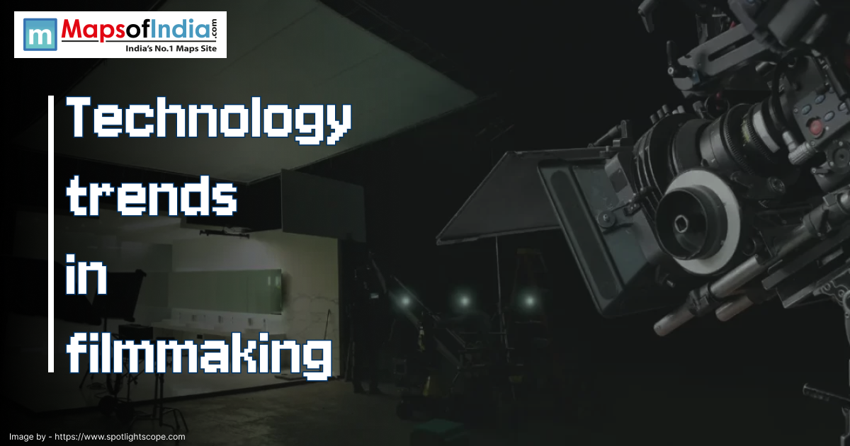 Graphic showing the title 'Technology trends in filmmaking' with a background of a professional film camera and a dimly lit film set