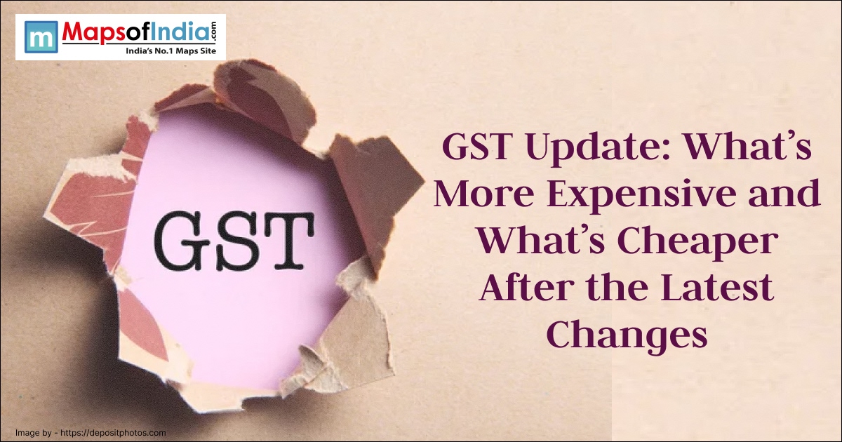 Illustration showing GST rates and pricing changes, highlighting what’s more expensive and cheaper after the latest update.