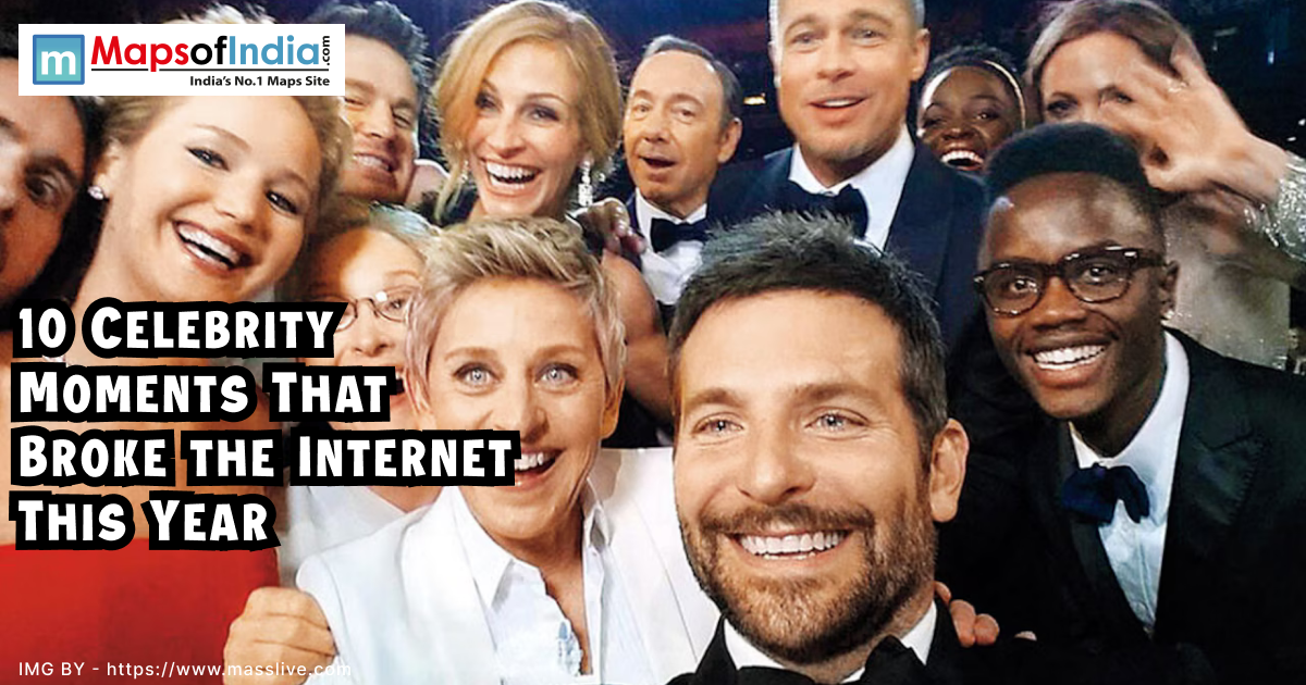 Image of celebrities taking selfie in a group