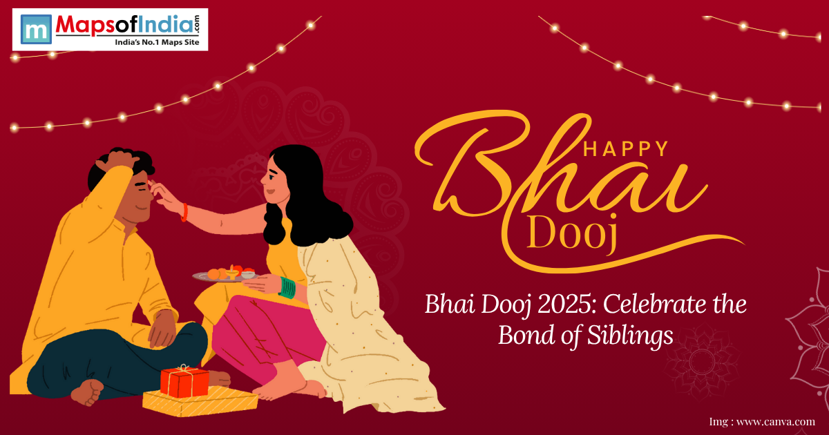 A sister applies a tilak to her brother during Bhai Dooj, with festive decorations and the text "Happy Bhai Dooj 2025: Celebrate the Bond of Siblings" on a maroon background.
