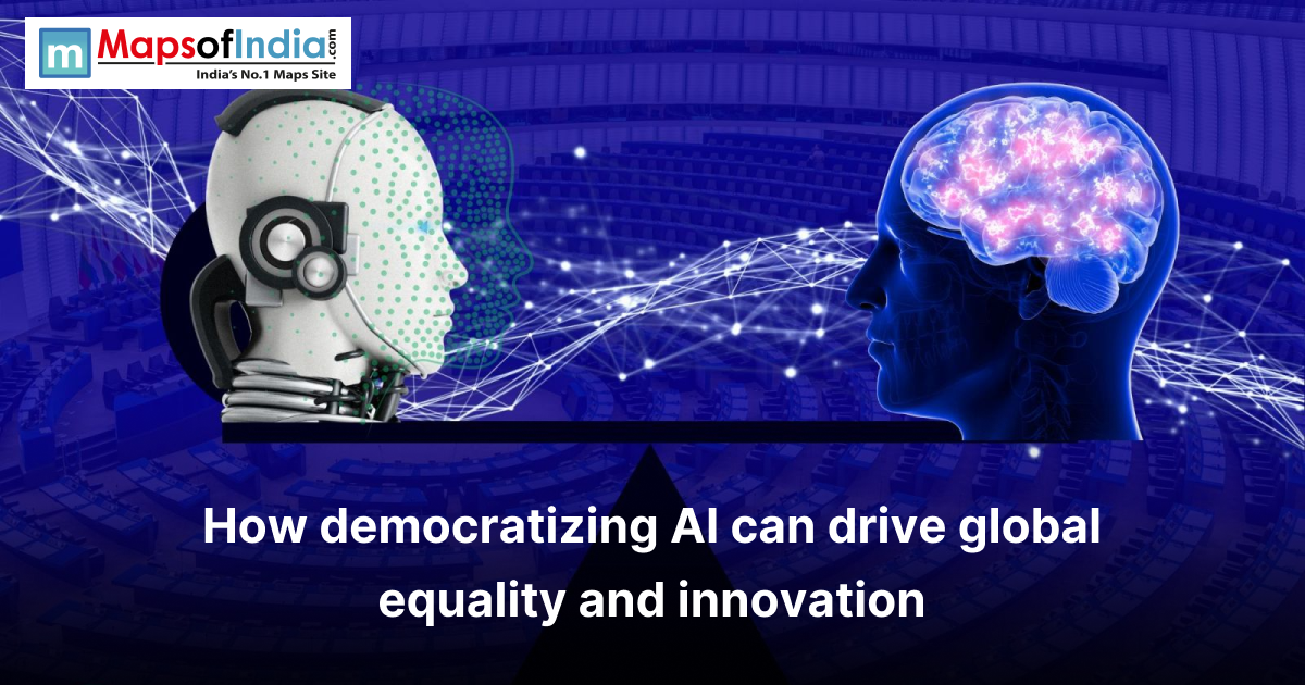 Illustration showing a robotic AI head with digital connections facing a human head with a glowing brain, symbolizing the concept of democratizing AI to promote global equality and innovation.