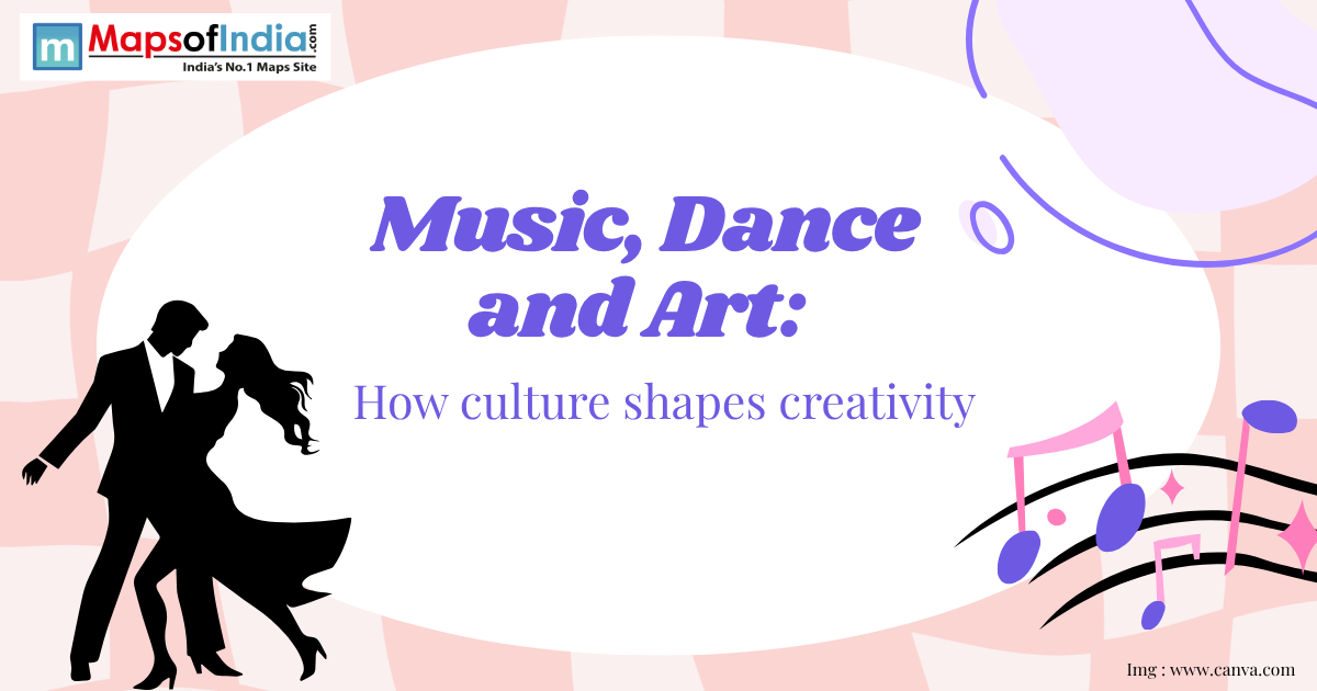 Illustration featuring a dancing couple and musical notes with the text “Music, Dance and Art: How culture shapes creativity,” symbolizing cultural influence on artistic expression.