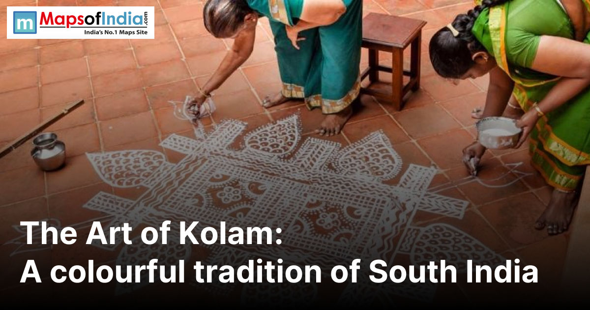 Image of women drawing art of Kolam on the floor