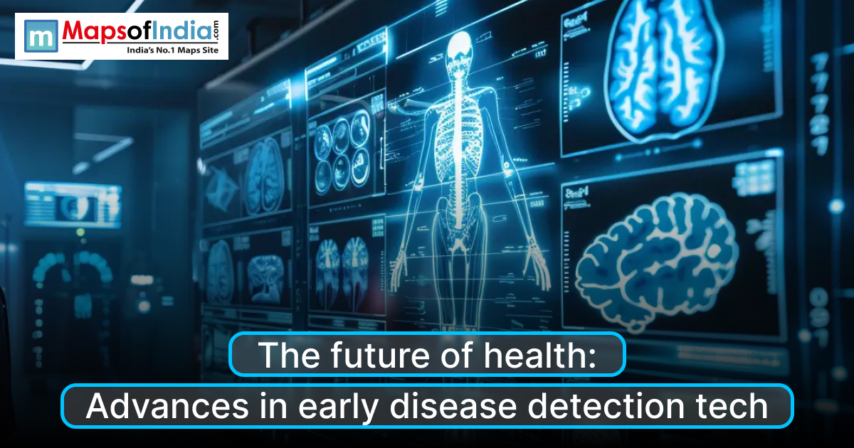 Digital medical screens display human skeletal and brain scans, highlighting advancements in early disease detection technology.