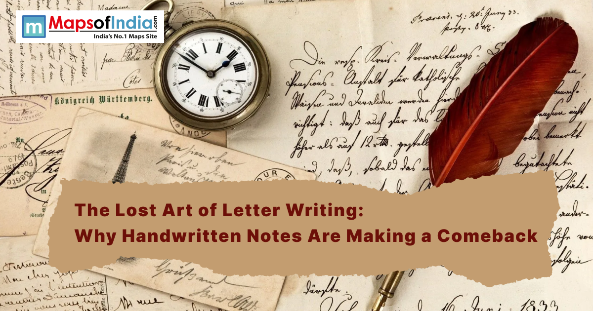Vintage handwritten letters with an old pocket watch and a red feather quill, overlaid with the text "The Lost Art of Letter Writing: Why Handwritten Notes Are Making a Comeback."