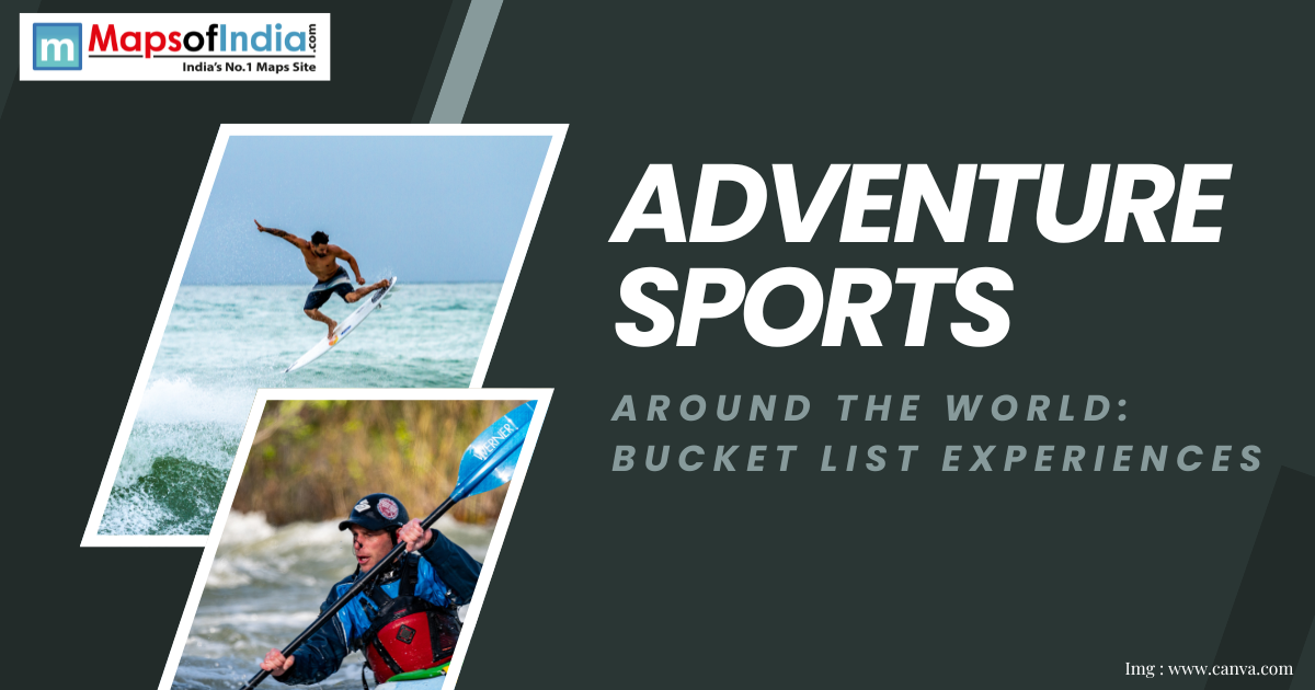 Two photos of adventure sports—one of a man surfing a wave mid-air and another of a person kayaking in white-water rapids, with text "ADVENTURE SPORTS Around the world: Bucket list experiences."