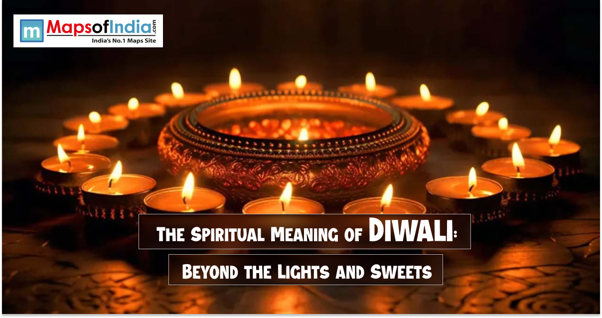 Lit oil lamps arranged around a decorative diya create a warm glow, symbolizing the spiritual essence of Diwali and the triumph of light over darkness.