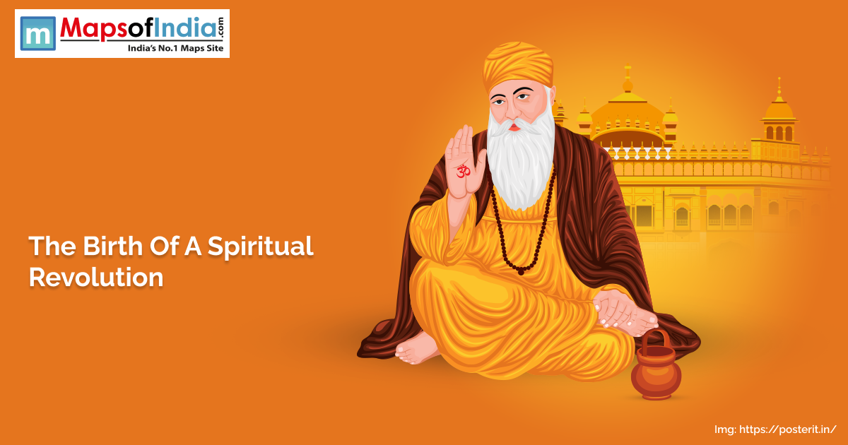 Illustration of Guru Nanak Dev Ji sitting in a meditative pose with a serene expression, wearing saffron and brown robes, with the Golden Temple in the background and text reading “The Birth Of A Spiritual Revolution” on an orange backdrop.