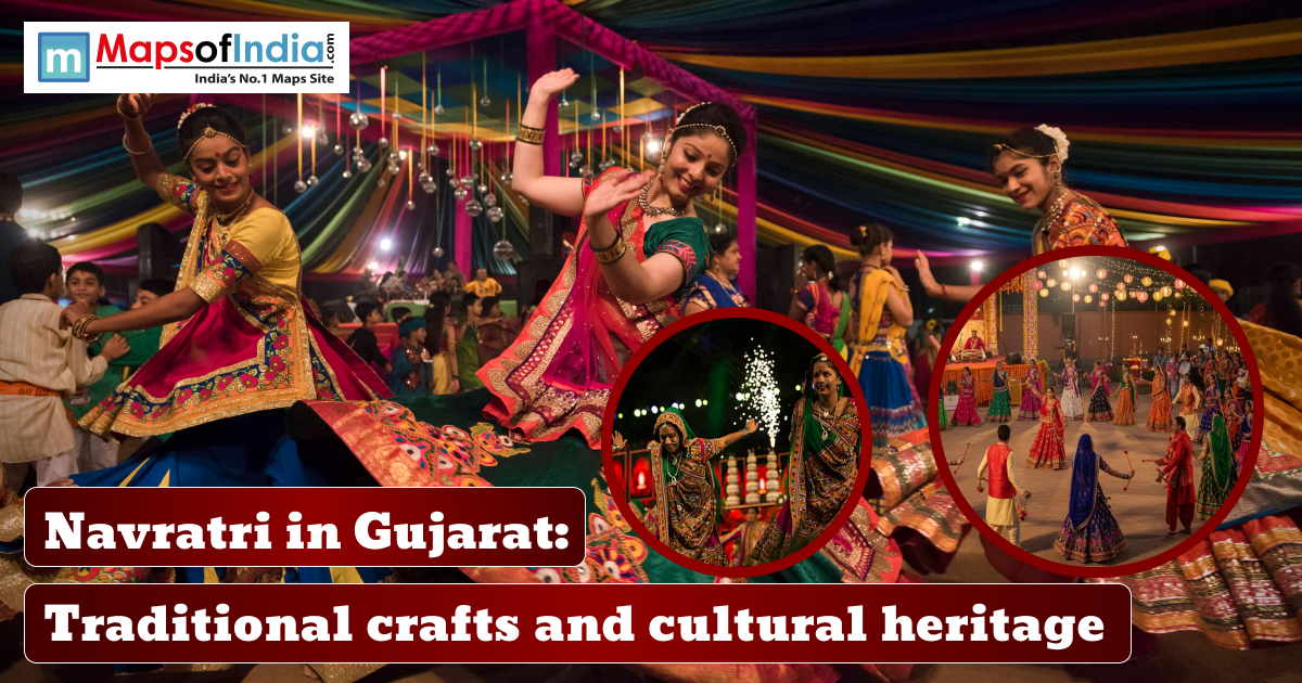 Women dressed in vibrant traditional attire performing Garba during Navratri celebrations in Gujarat, surrounded by colorful decorations and festive lights.