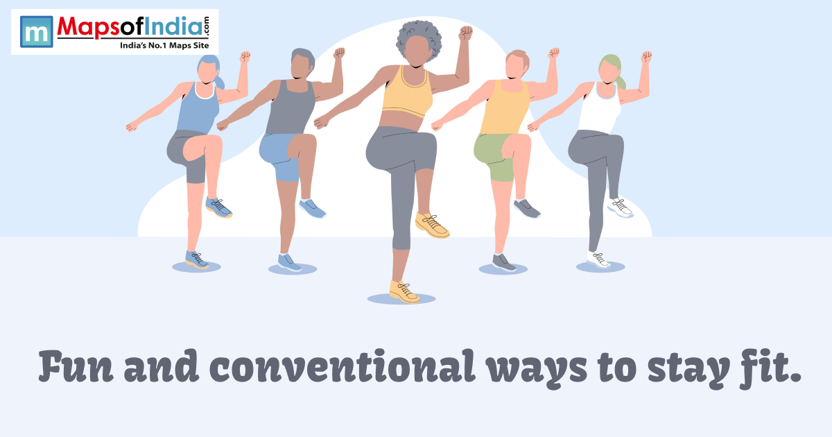 Illustration of a diverse group of people exercising together outdoors, performing fitness moves in unison, representing fun and conventional ways to stay fit.