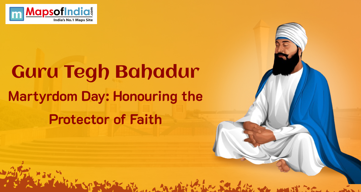 Guru Tegh Bahadur illustration with text honoring his Martyrdom Day.