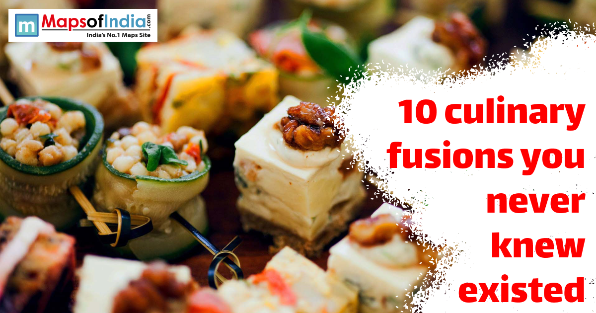 An assortment of gourmet fusion appetizers displayed on a platter with the text ‘10 culinary fusions you never knew existed’ beside them.