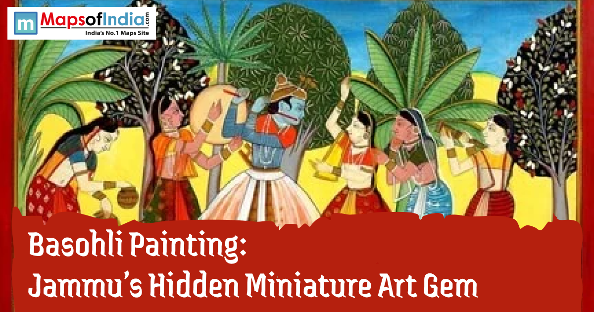 Colorful Basohli miniature painting showing Krishna playing music and dancing with women amid lush trees, with text that reads “Basohli Painting: Jammu’s Hidden Miniature Art Gem” on a red banner at the bottom.