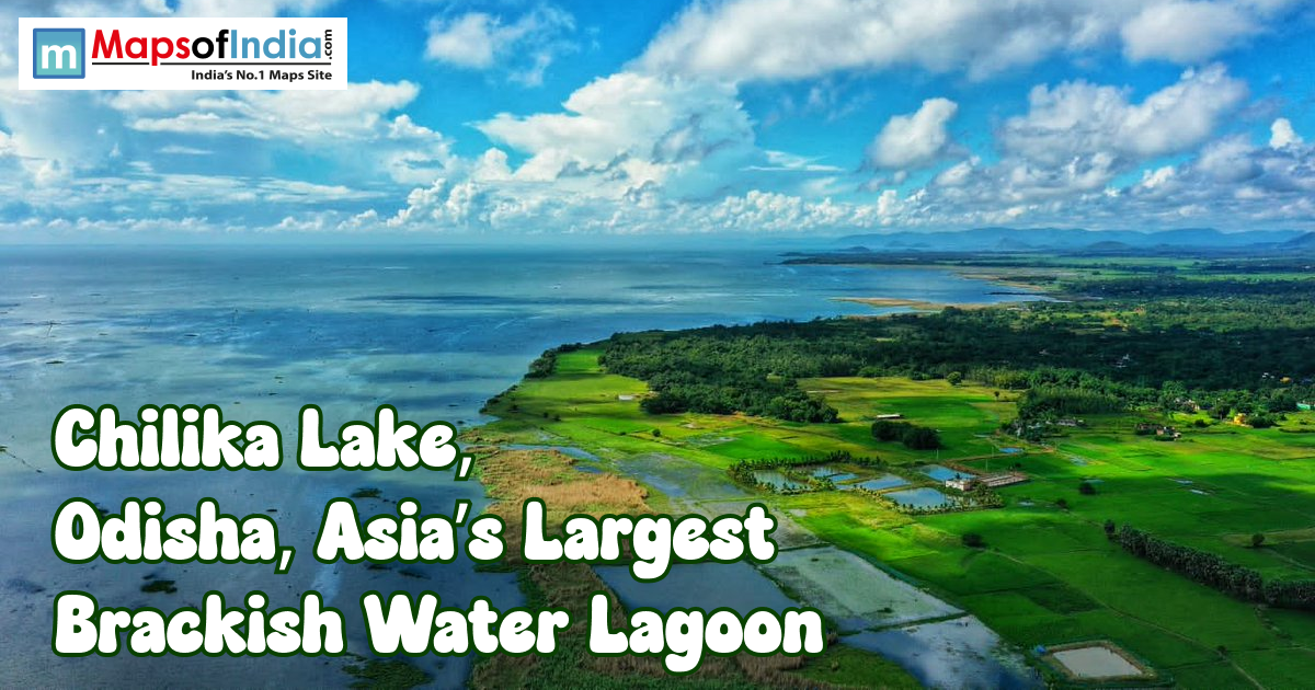 Aerial view of Chilika Lake in Odisha, India, with green fields meeting the blue brackish water lagoon under a bright, cloudy sky and Maps of India logo and title text overlay.
