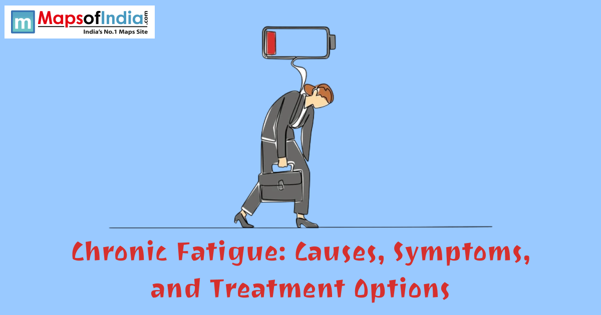 Illustration of a tired office worker carrying a briefcase with a low battery icon above, representing chronic fatigue, its causes, symptoms, and treatment options.