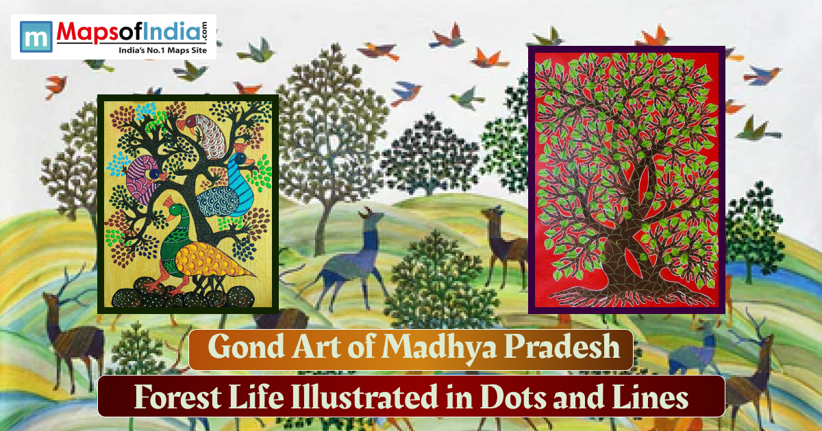 Gond art illustrations showing colorful trees, birds, and forest life with the title “Gond Art of Madhya Pradesh: Forest Life Illustrated in Dots and Lines.”
