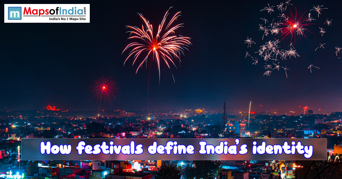 Fireworks lighting up an Indian city skyline at night during a festival, symbolizing how festivals define India’s cultural identity and collective celebrations.