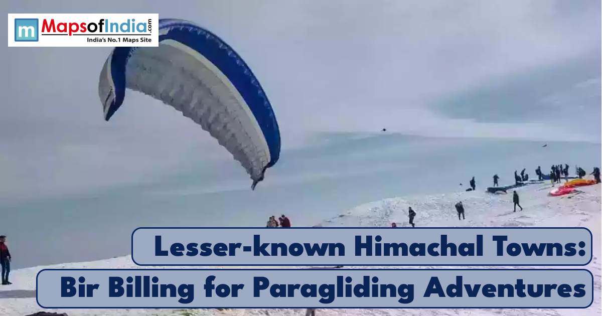 Paragliders preparing for takeoff on a snowy hill in Bir Billing, Himachal Pradesh, with the title ‘Lesser-known Himachal Towns: Bir Billing for Paragliding Adventures’ displayed on the image.