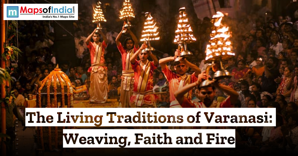 Priests performing Ganga Aarti in Varanasi, holding multi-tiered fire lamps during an evening ritual, showcasing the city’s living traditions of faith and fire along the Ganges.