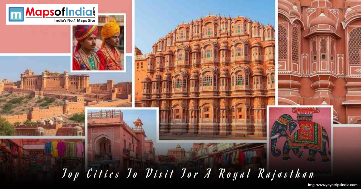 Collage showcasing royal Rajasthan with Hawa Mahal in Jaipur, Amber Fort, traditional Rajasthani men in turbans, colorful markets, and cultural art highlighting heritage cities.