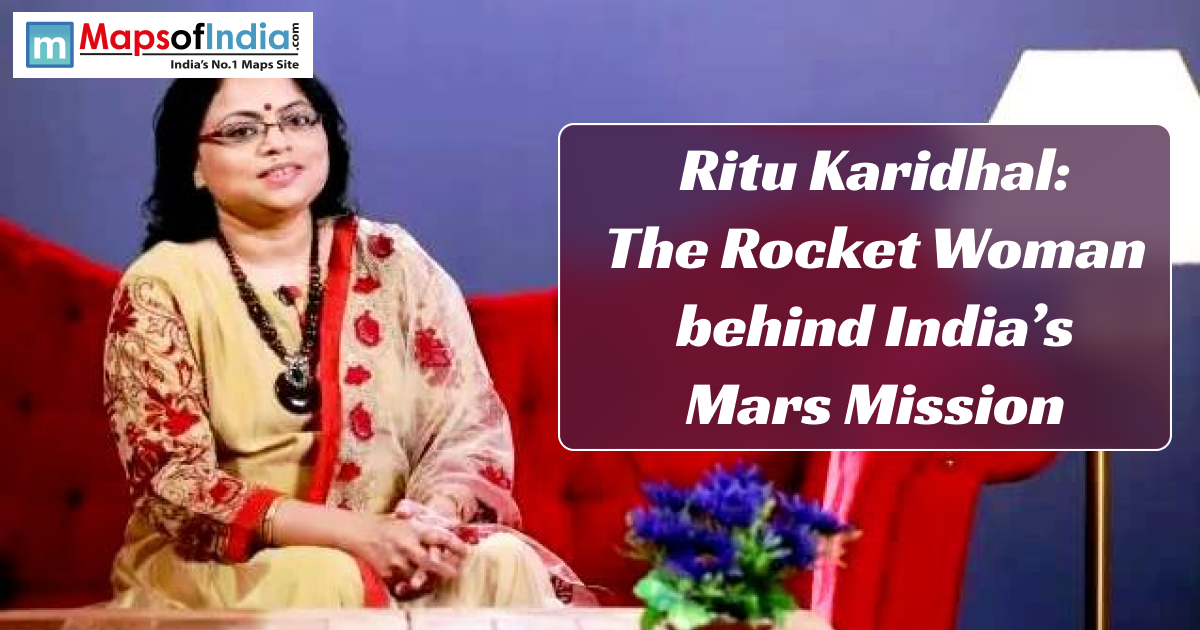 Indian aerospace scientist Ritu Karidhal sitting on a red sofa in a beige and red saree, with a text banner that reads “Ritu Karidhal: The Rocket Woman behind India’s Mars Mission” on a purple background.