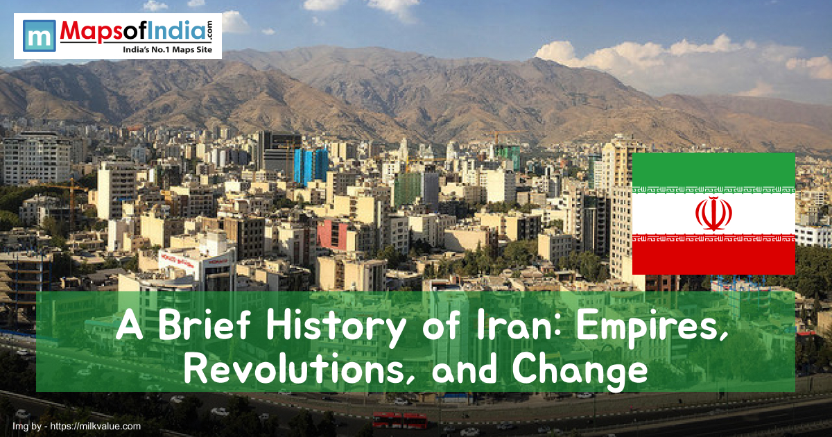 Cityscape of Tehran with mountains in the background, Iran’s national flag, and the title “A Brief History of Iran: Empires, Revolutions, and Change” displayed on the image.