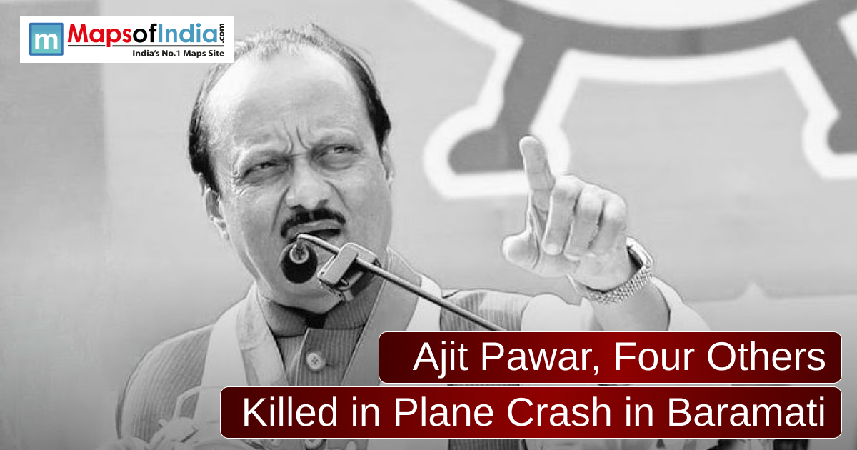 Black and white portrait of Ajit Pawar with news text: "Ajit Pawar, Four Others Killed in Plane Crash in Baramati."