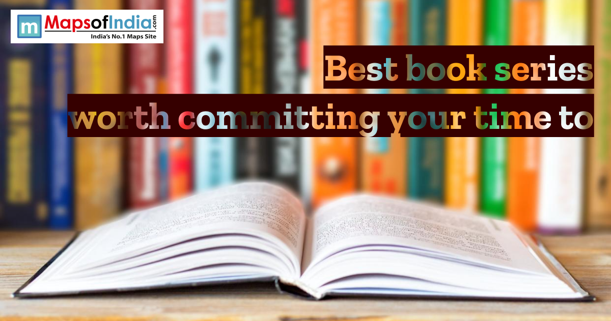 Open book on a table with blurred bookshelves in the background, featuring text “Best book series worth committing your time to” and Maps of India logo.