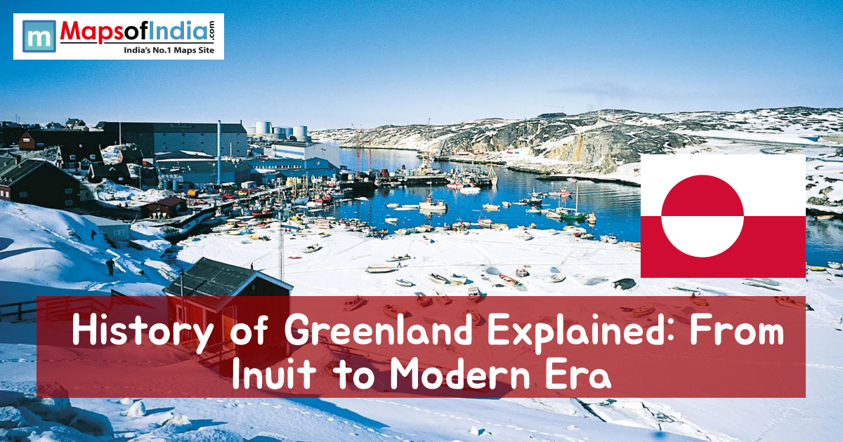 Snow-covered coastal town in Greenland with harbor, boats, and the Greenland flag, featuring the title “History of Greenland Explained: From Inuit to Modern Era.”