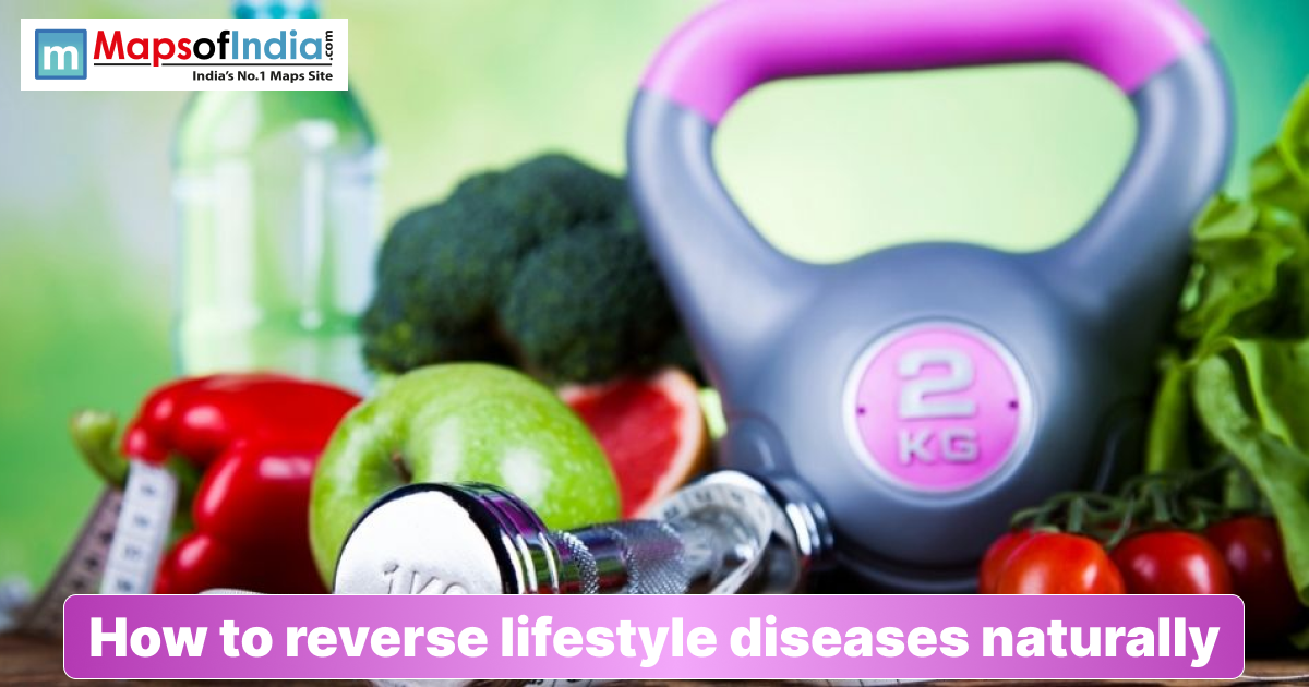 Healthy lifestyle concept with fruits, vegetables, dumbbells, kettlebell, and water bottle representing natural ways to reverse lifestyle diseases.
