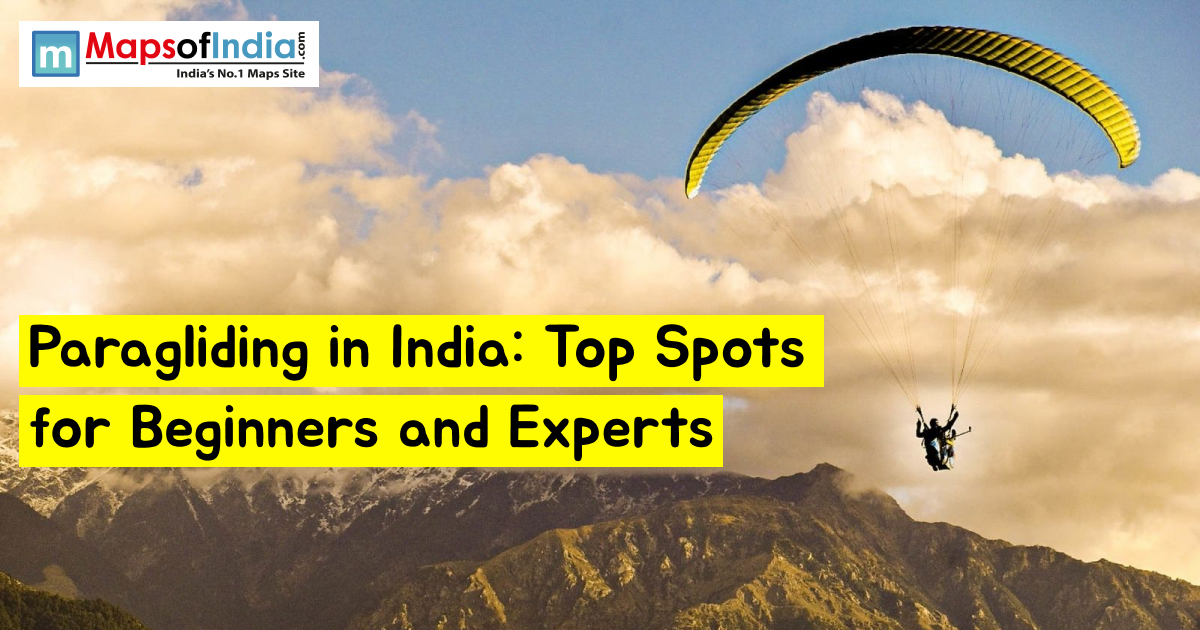 Paraglider flying over mountain landscape in India with text “Paragliding in India: Top Spots for Beginners and Experts” and Maps of India logo in the corner