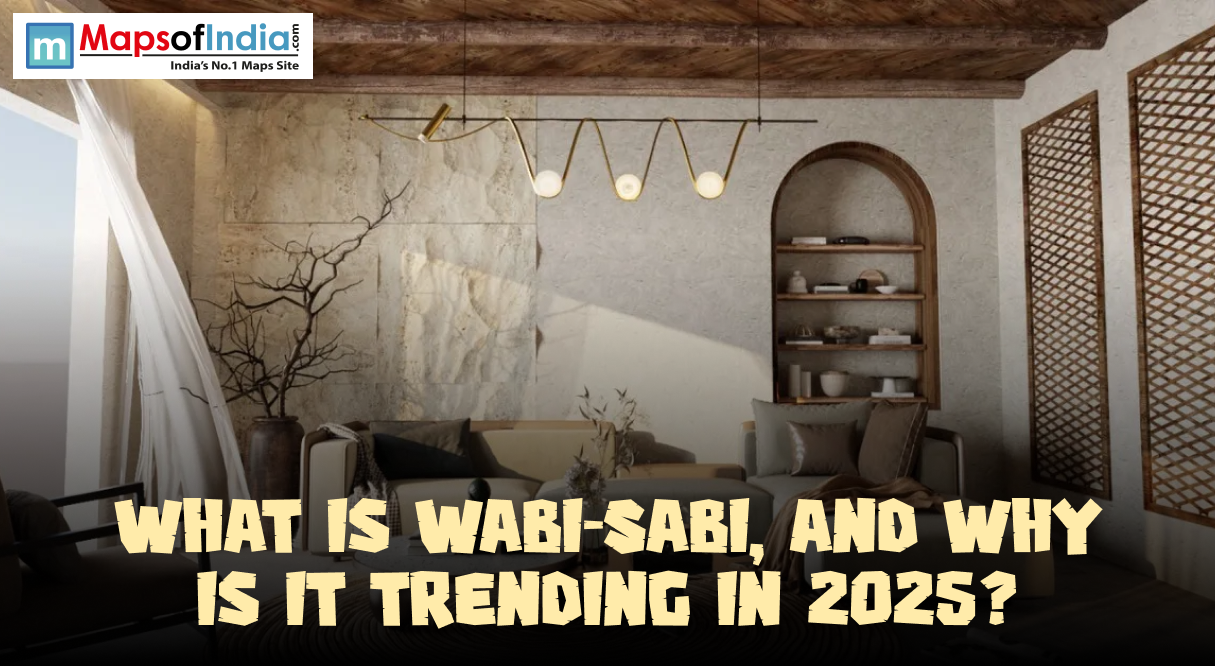 A wabi-sabi style living room featuring textured stone walls, wooden ceiling beams, and minimalist furniture, illustrating the 2025 interior design trend.