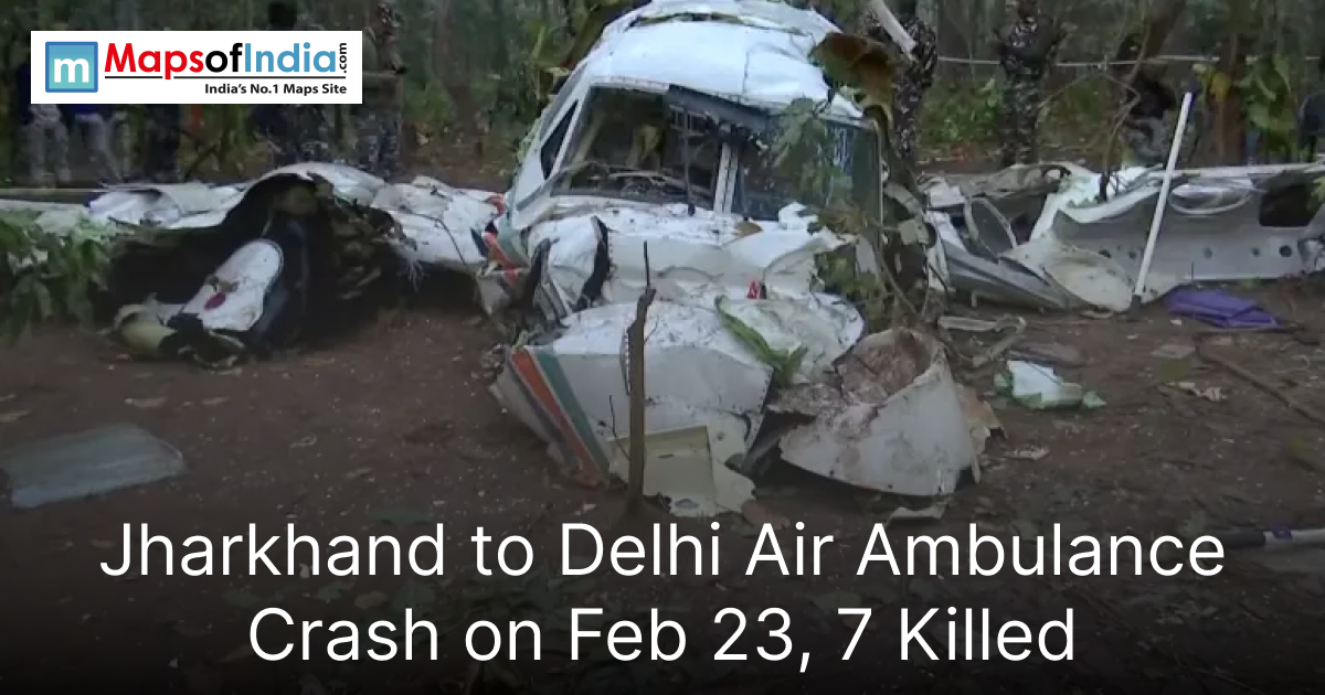 Wreckage of a crashed air ambulance aircraft lying damaged in a forested area after the Jharkhand to Delhi crash on Feb 23