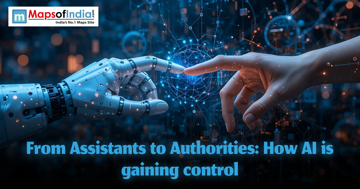 A robotic hand reaching toward a human hand against a digital network background, symbolizing AI’s shift from assistant to authority and its growing control.