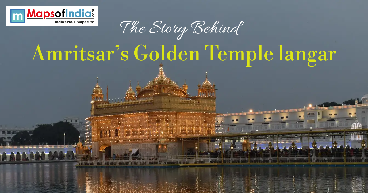 Golden Temple Amritsar illuminated at night across the water with text "The Story Behind Amritsar’s Golden Temple langar."