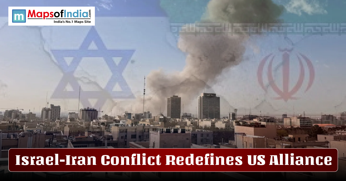 Smoke rises over a city skyline amid the Israel–Iran conflict, with faded Israeli and Iranian flags in the background and the headline “Israel-Iran Conflict Redefines US Alliance” displayed across the image alongside a Maps of India logo.