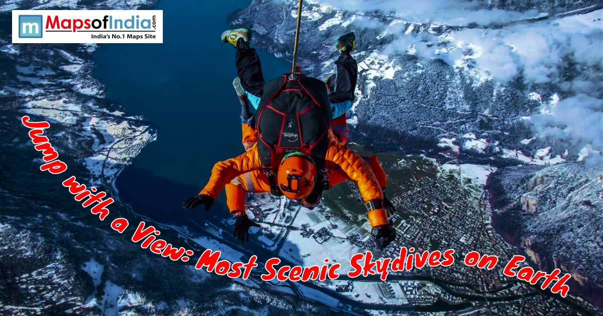 Skydiver in an orange suit descending over a snowy mountain landscape and blue lake, with text overlay about the most scenic skydives on Earth.