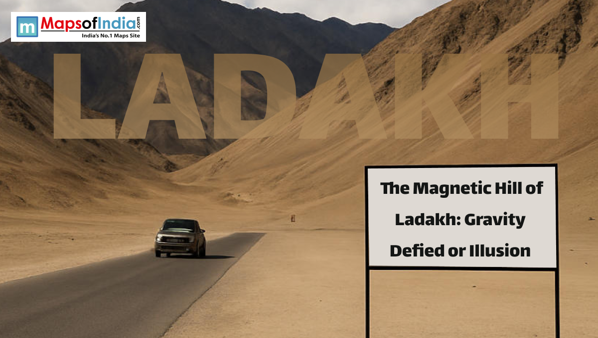 Car driving on a desert highway in Ladakh near Magnetic Hill with mountains in the background and a sign reading “The Magnetic Hill of Ladakh: Gravity Defied or Illusion.”