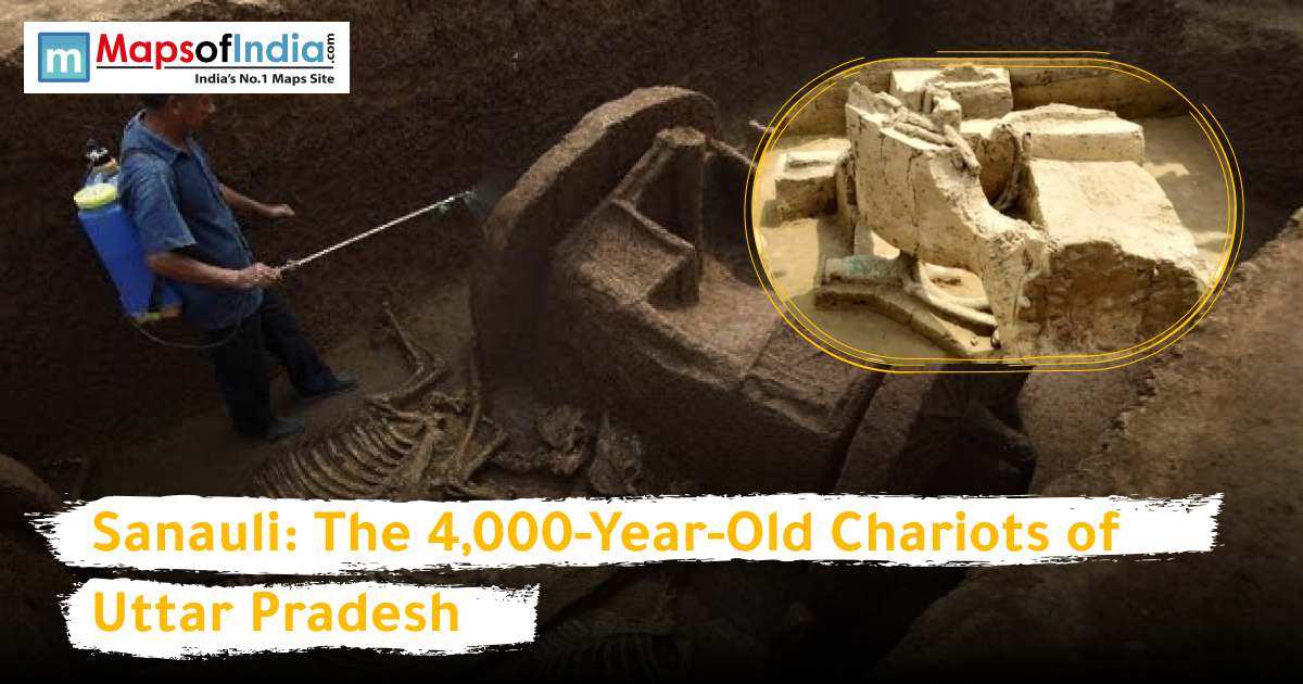 Archaeological excavation in Sanauli, Uttar Pradesh, showing a 4,000-year-old wooden chariot and skeletal remains in a burial pit