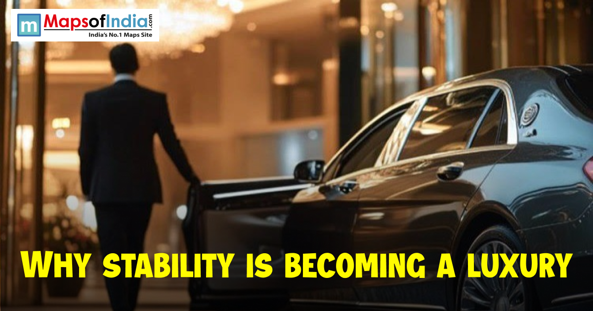 A man in a formal suit walking toward a luxury car outside a hotel, with text reading “Why Stability Is Becoming a Luxury,” symbolizing modern wealth and uncertainty.