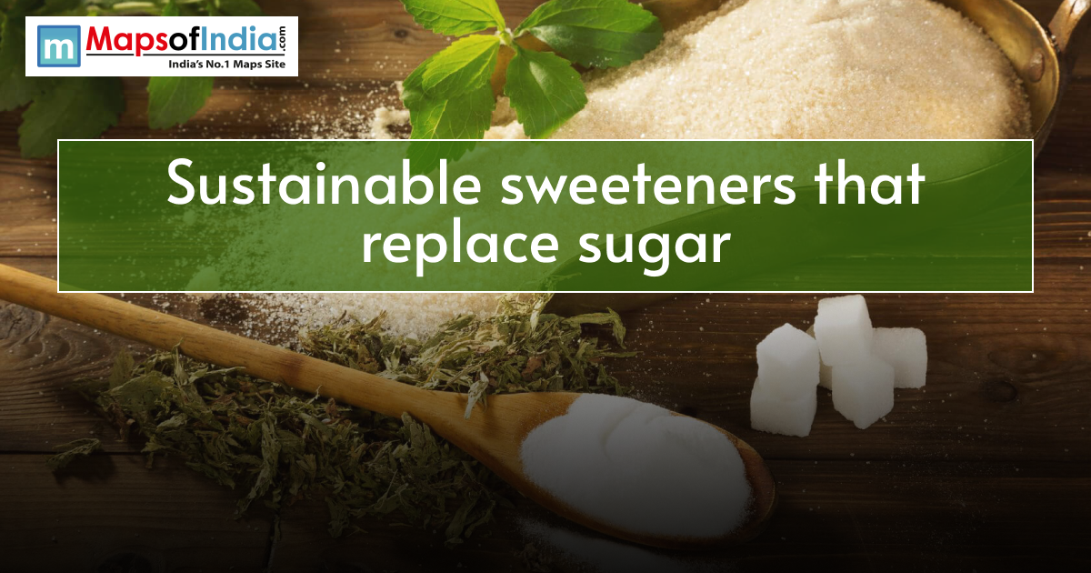 Banner image showing sugar, stevia leaves, and sugar cubes with the text “Sustainable sweeteners that replace sugar” and Maps of India logo