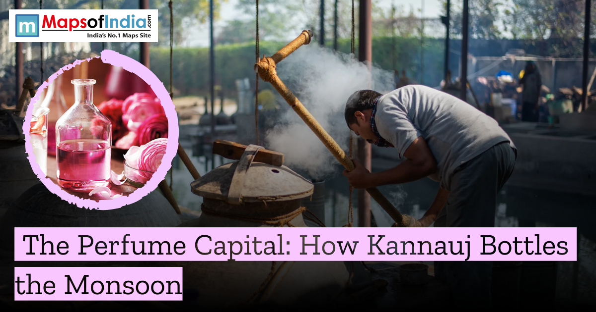 A traditional perfume artisan in Kannauj, Uttar Pradesh, using the ancient Deg Bhapka steam distillation process to create attar, with an inset of a pink floral fragrance bottle