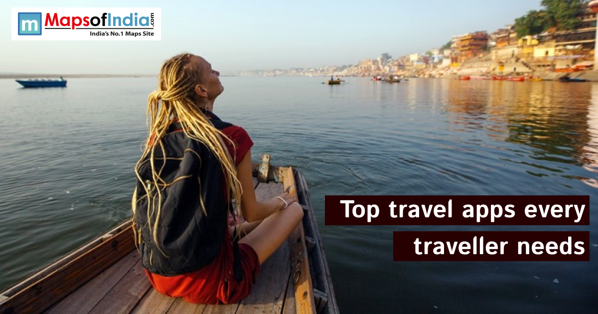 A solo traveler with a backpack sitting on a wooden boat, gazing across a calm river with boats and historic riverside buildings in the background, promoting top travel apps for travelers.