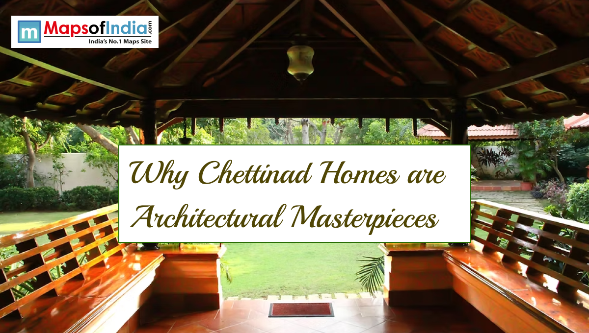 Chettinad home veranda with wooden roof, benches, garden view, and title text overlay.
