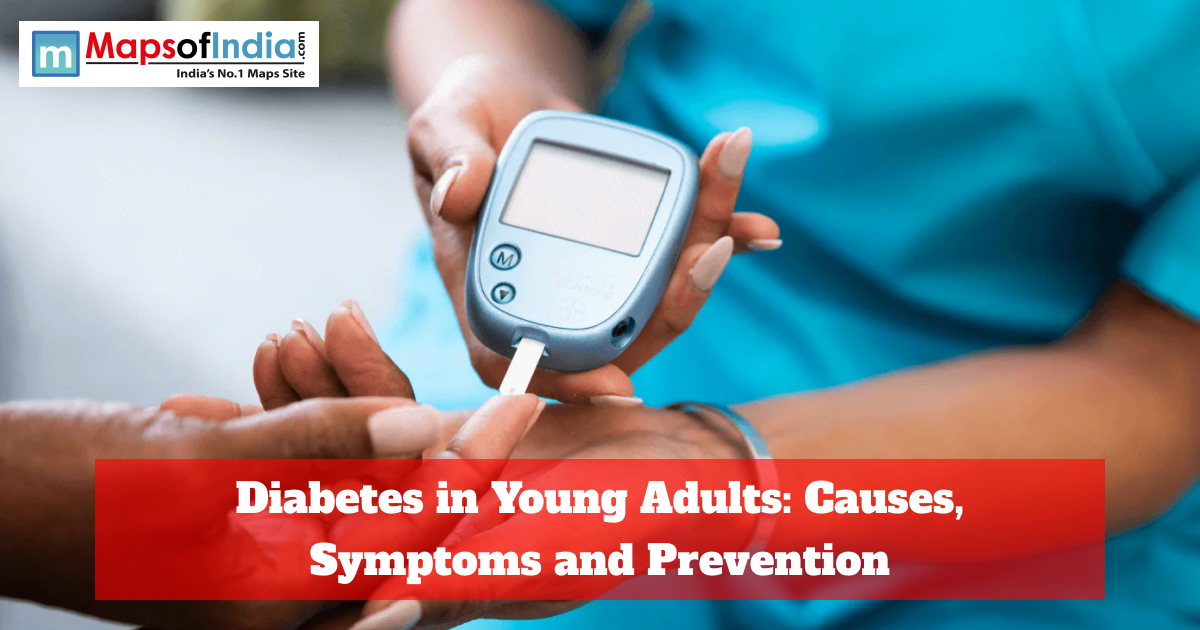 Healthcare professional using a glucometer to check blood sugar levels of a young adult, highlighting diabetes awareness, symptoms, and prevention.