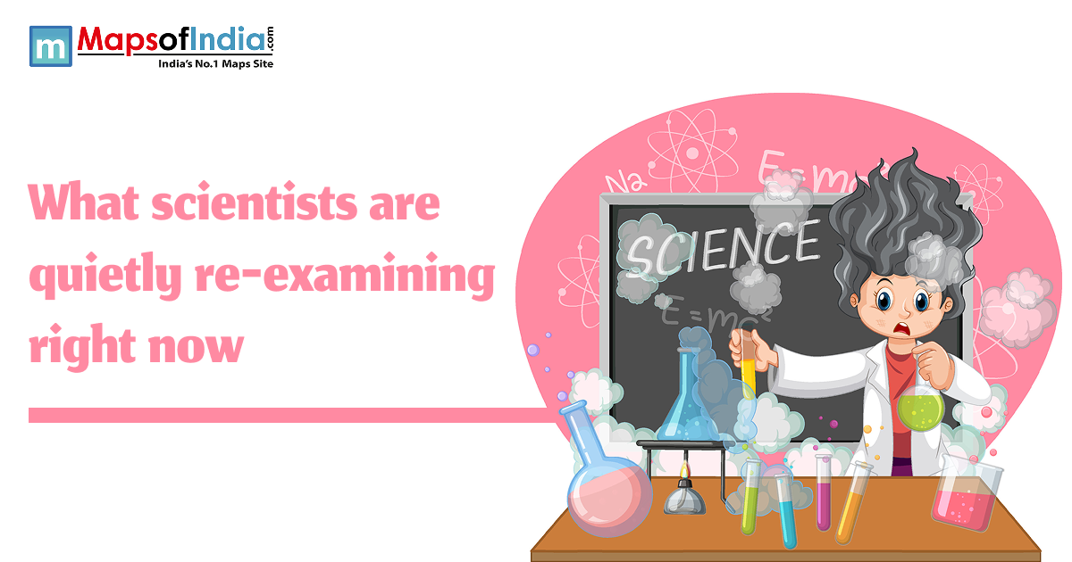 Illustration showing a cartoon scientist conducting a chaotic experiment in a lab, with bubbling flasks and smoke, alongside the text “What scientists are quietly re-examining right now” and Maps of India logo