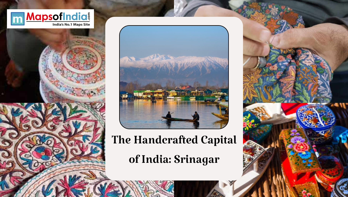 Collage of Srinagar handicrafts with Dal Lake and Himalayas, titled “The Handcrafted Capital of India: Srinagar.”