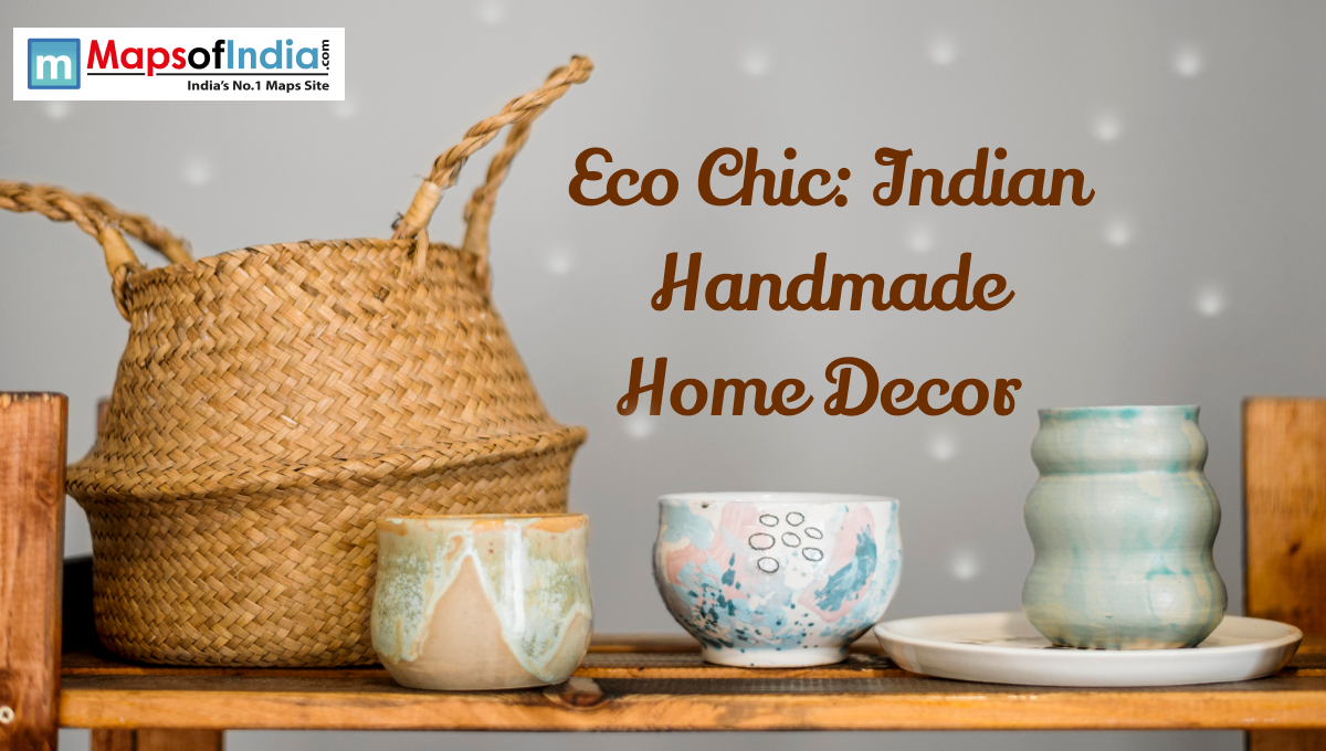 Banner image featuring eco chic Indian handmade home decor items, including a woven basket and ceramic pots displayed on a wooden shelf with the title text “Eco Chic: Indian Handmade Home Decor.”